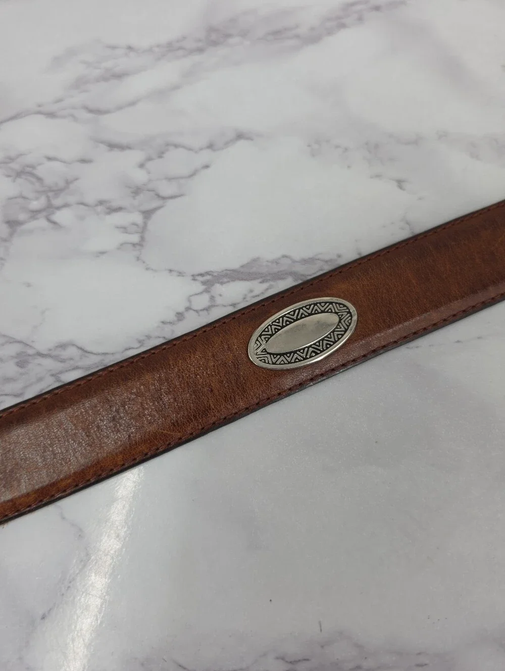 Vintage Brown Leather Western Concho Men's Belt with Silver Tone Buckle Aztec